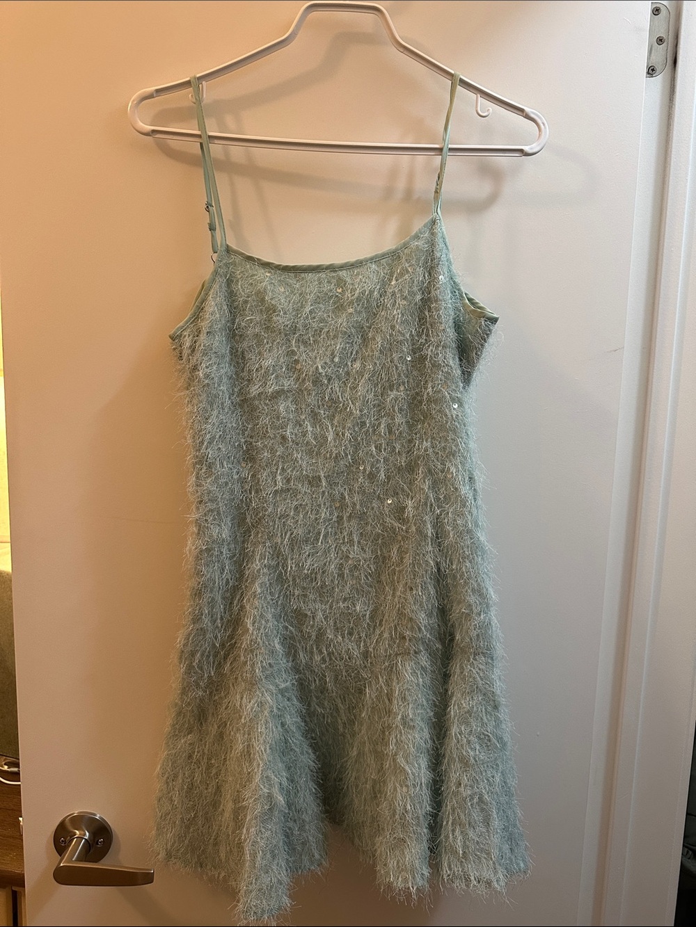 Fuzzy Spaghetti-Strap Dress in Sage Green